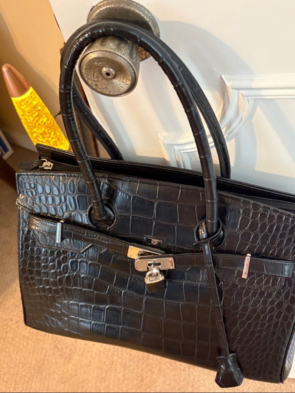 Black Croc-Embossed Satchel with Silver Hardware